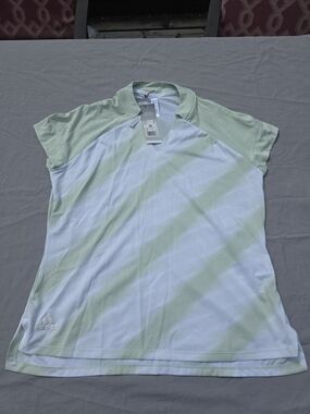 adidas Women’s Linen Green & White Short Sleeve Golf Polo